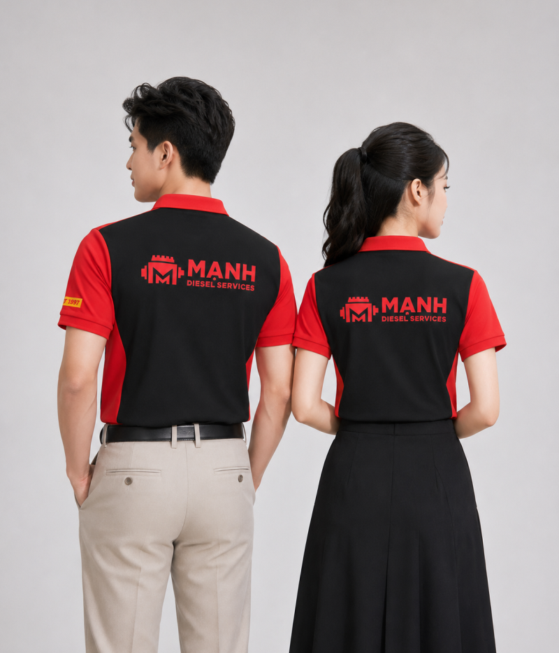 Áo Đồng Phục Công Ty Màu Đen Phối Đỏ Tươi In Logo MẠNH Diesel Services Theo Yêu Cầu | Xưởng May Đồng Phục ICT.