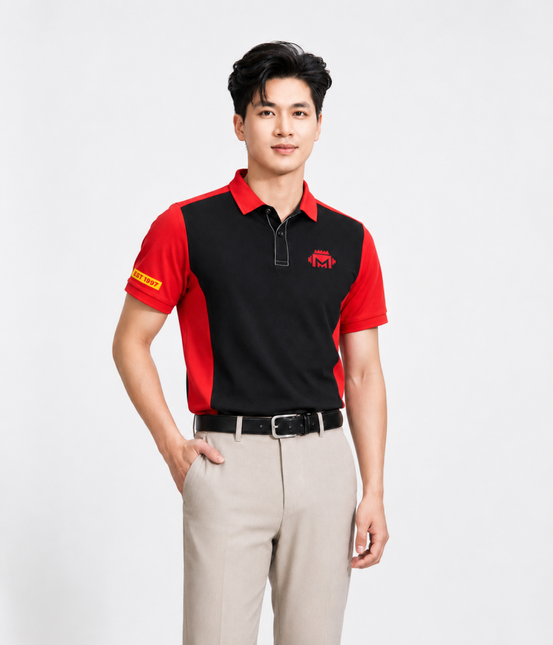 Áo Đồng Phục Công Ty Màu Đen Phối Đỏ Tươi In Logo MẠNH Diesel Services Theo Yêu Cầu | Xưởng May Đồng Phục ICT.