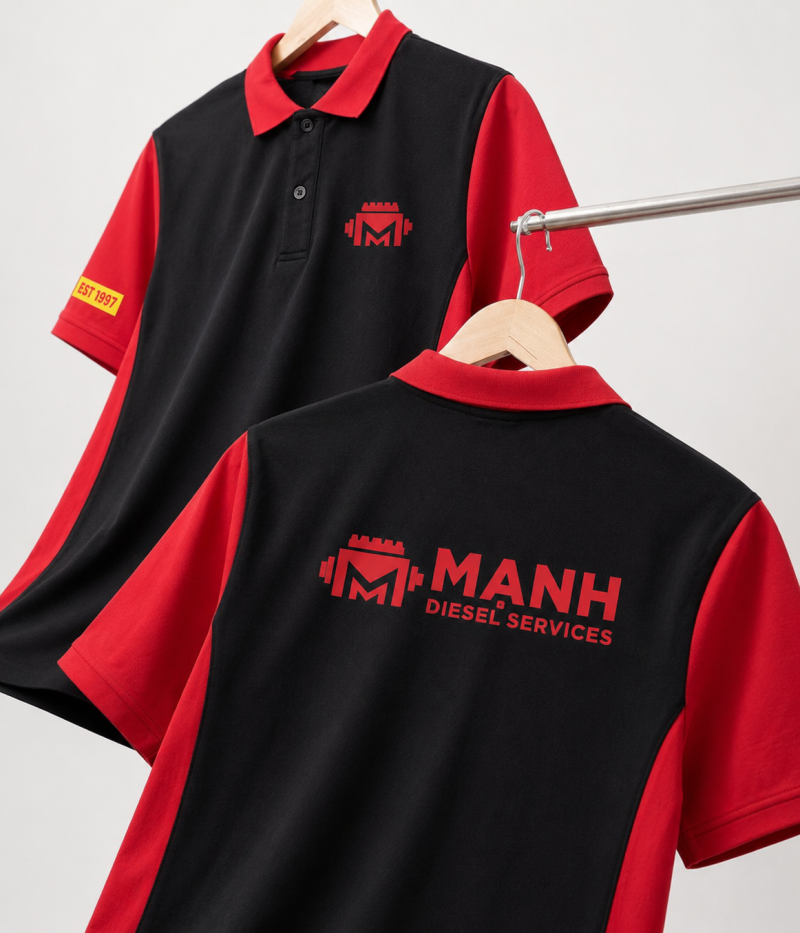Áo Đồng Phục Công Ty Màu Đen Phối Đỏ Tươi In Logo MẠNH Diesel Services Theo Yêu Cầu | Xưởng May Đồng Phục ICT.