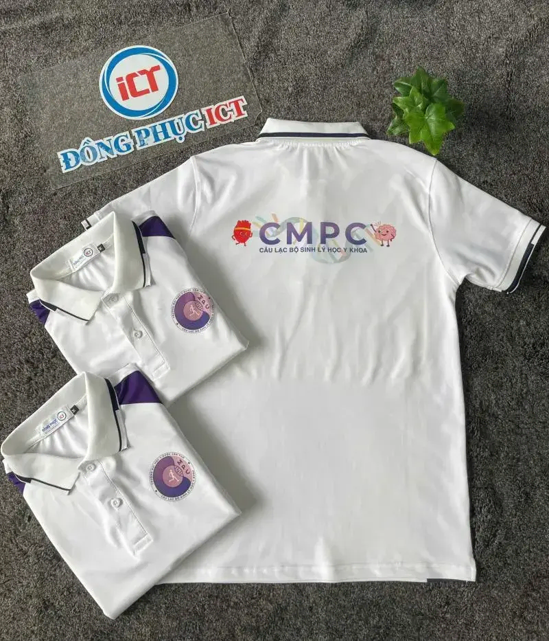 Áo Polo Đồng Phục CMPC – Thiết Kế Trắng Phối Tím Năng Động, Chuẩn Sinh Viên Y Khoa