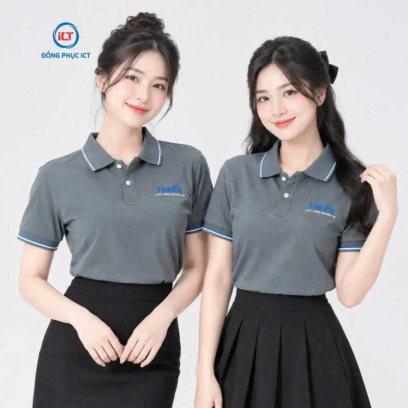 Áo Polo Đồng Phục Doanh Nghiệp Xám Đậm Phối Viền Đỏ Trắng