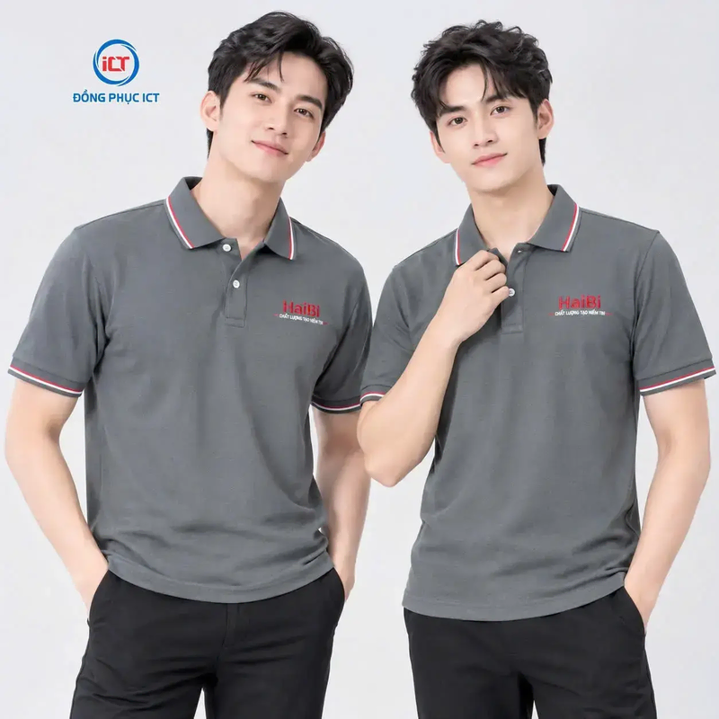 Áo Polo Đồng Phục Doanh Nghiệp Xám Đậm Phối Viền Đỏ Trắng