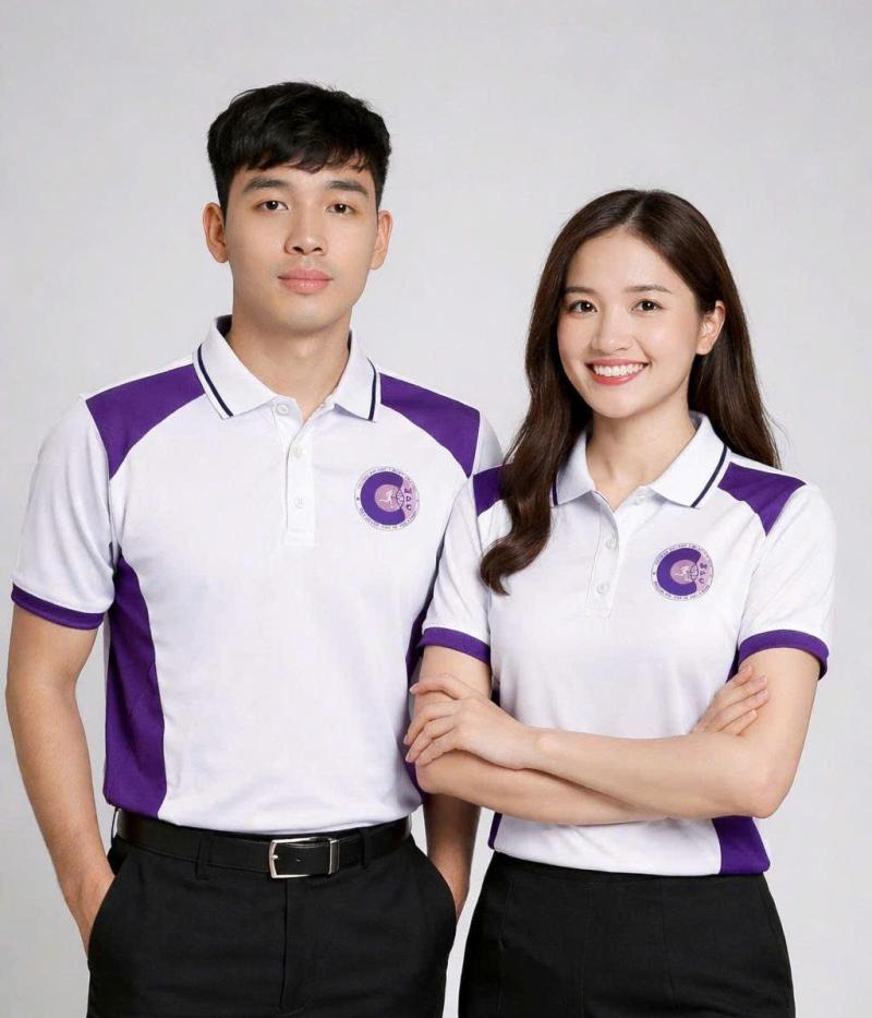 Áo Polo Đồng Phục CMPC – Thiết Kế Trắng Phối Tím Năng Động, Chuẩn Sinh Viên Y Khoa