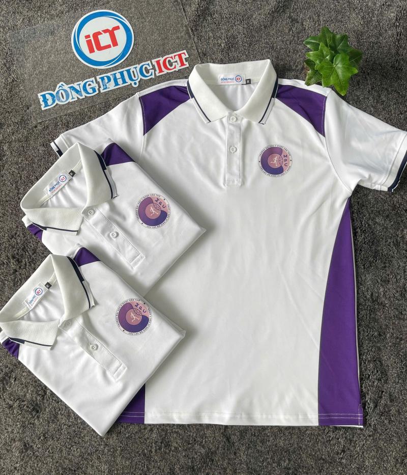 Áo Polo Đồng Phục CMPC – Thiết Kế Trắng Phối Tím Năng Động, Chuẩn Sinh Viên Y Khoa