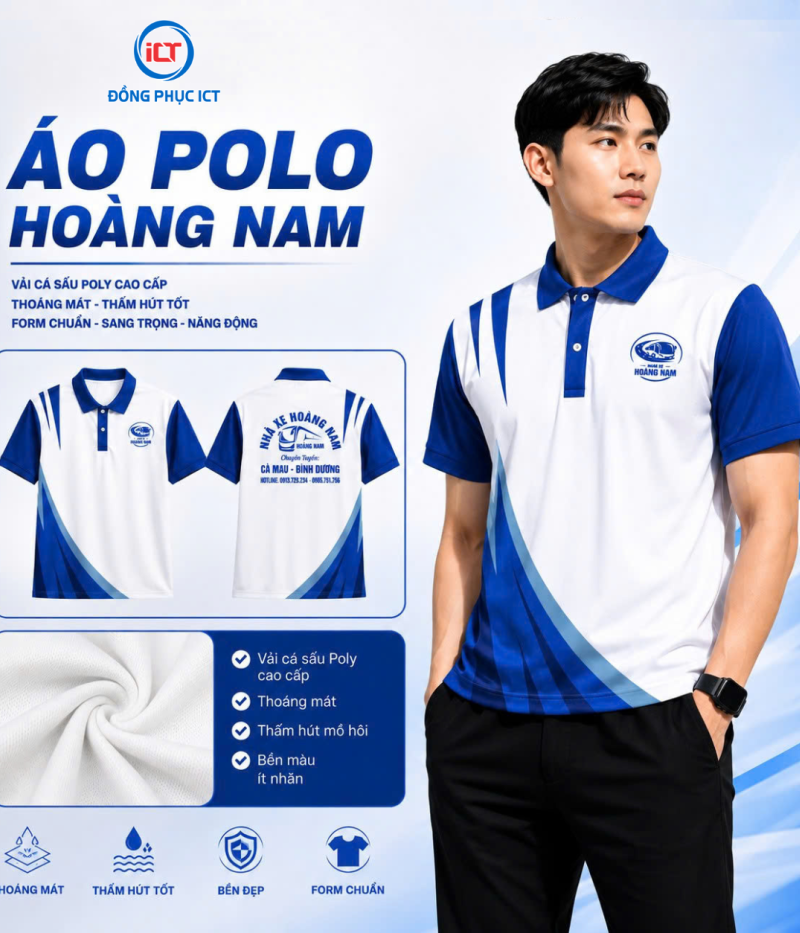 ÁO POLO NHÀ XE HOÀNG NAM – THIẾT KẾ HỌA TIẾT IN CHUYỂN NHIỆT ĐẸP, VẢI CÁ SẤU POLY