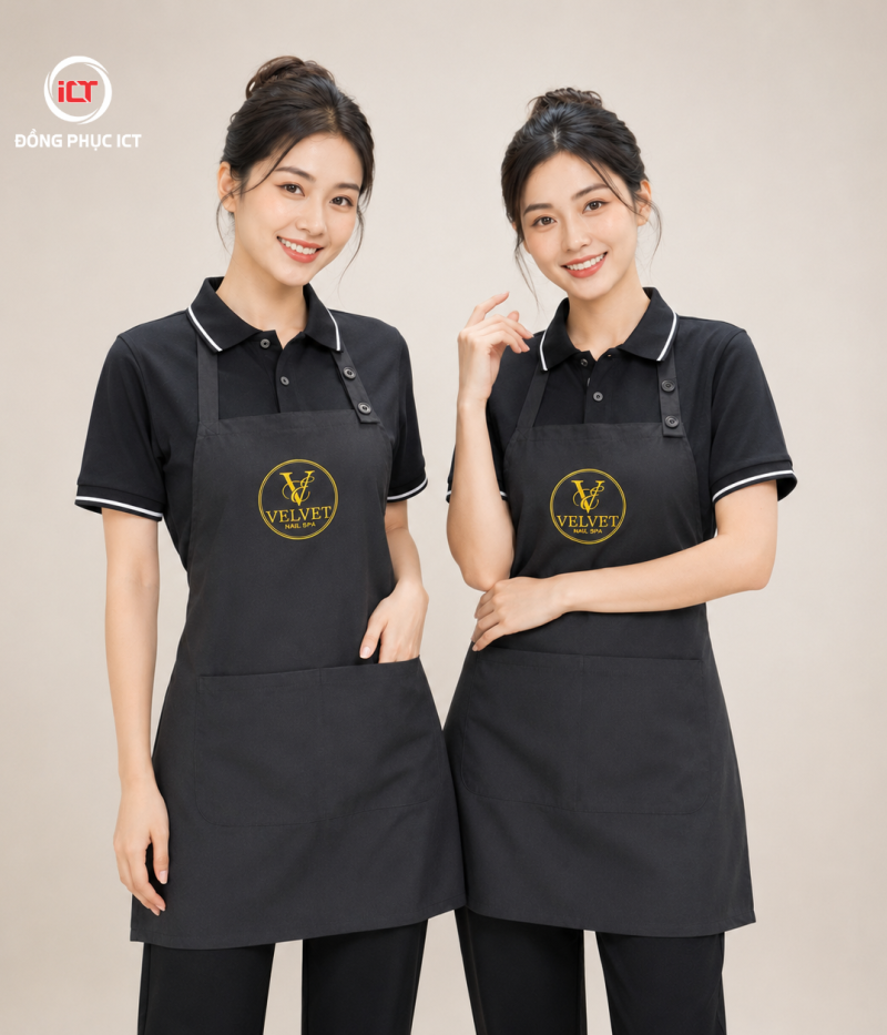 ĐỒNG PHỤC TIỆM NAIL VELVET – ÁO POLO & TẠP DỀ MAY THEO YÊU CẦU, THÊU LOGO CHUYÊN NGHIỆP