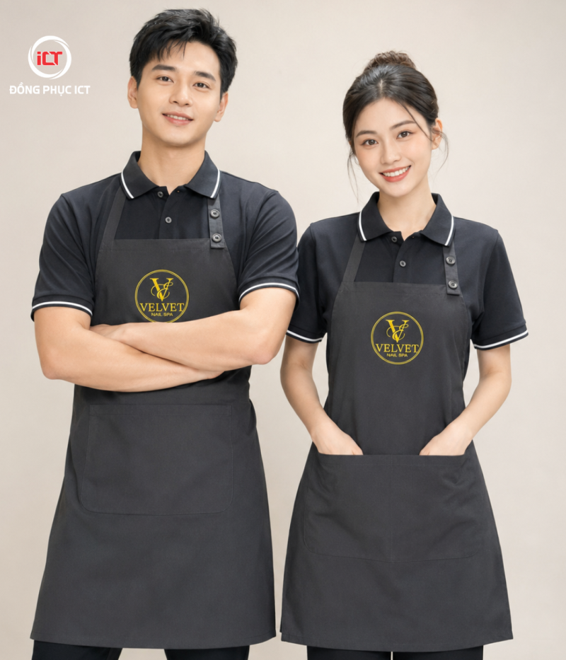 ĐỒNG PHỤC TIỆM NAIL VELVET – ÁO POLO & TẠP DỀ MAY THEO YÊU CẦU, THÊU LOGO CHUYÊN NGHIỆP