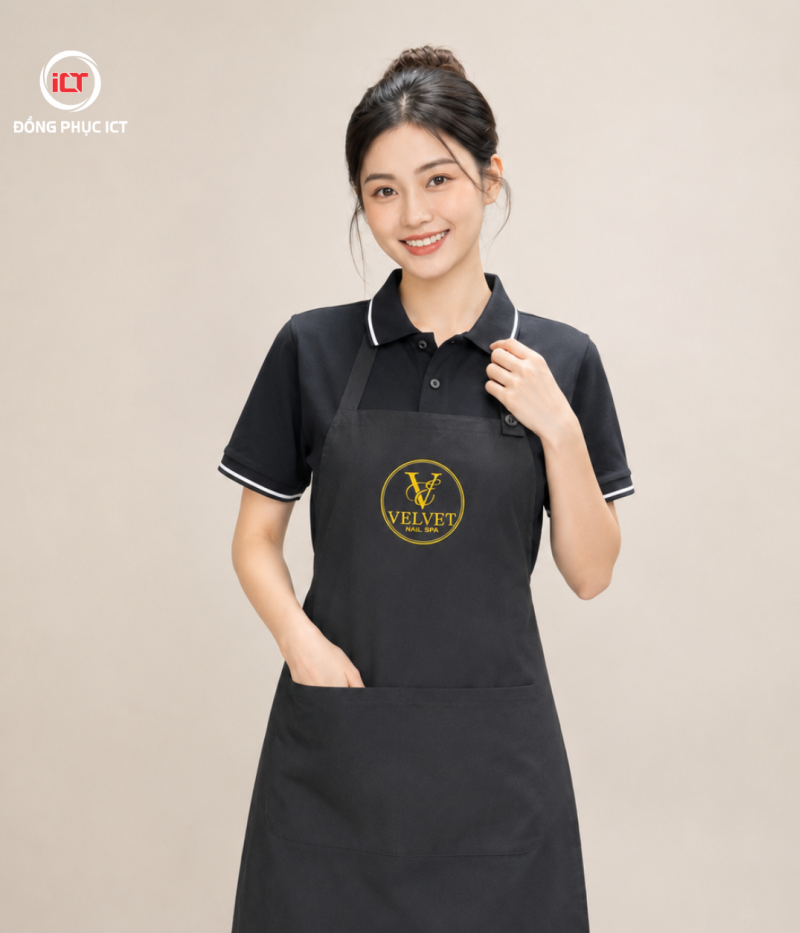 ĐỒNG PHỤC TIỆM NAIL VELVET – ÁO POLO & TẠP DỀ MAY THEO YÊU CẦU, THÊU LOGO CHUYÊN NGHIỆP