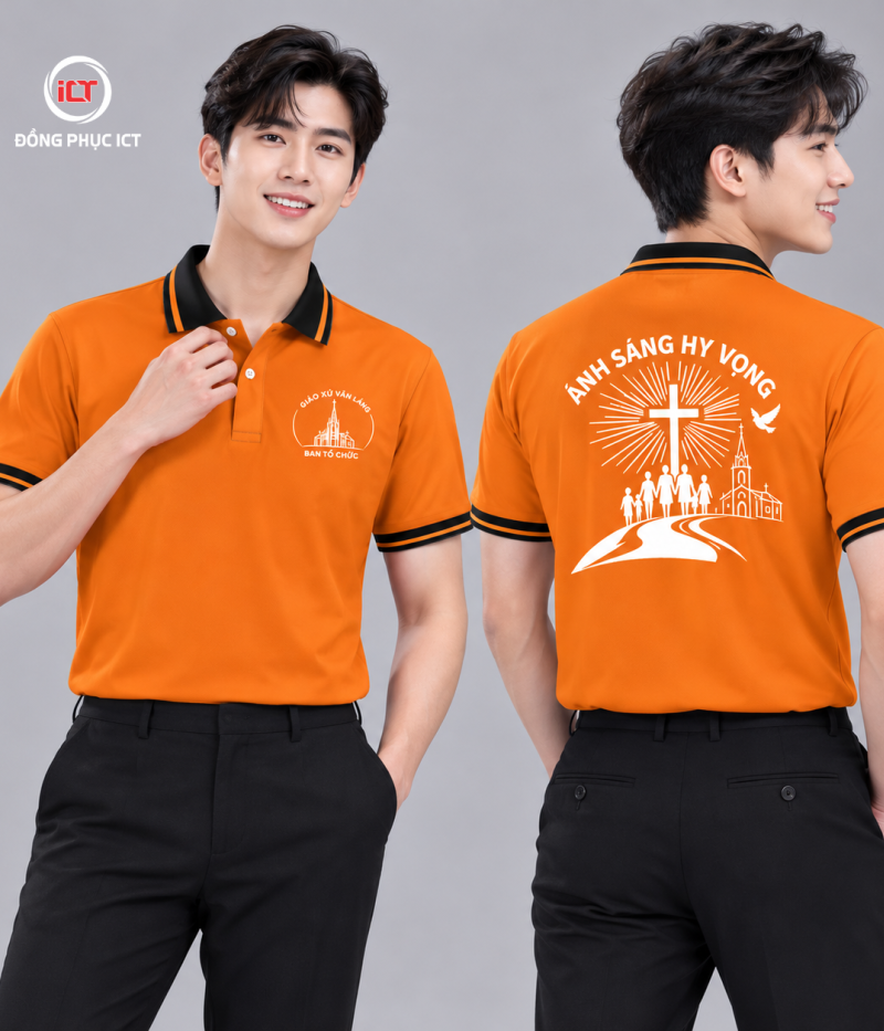 MẪU ÁO POLO ĐỒNG PHỤC GIÁO XỨ – MÀU CAM ĐẬM, IN LOGO LỤA THEO YÊU CẦU