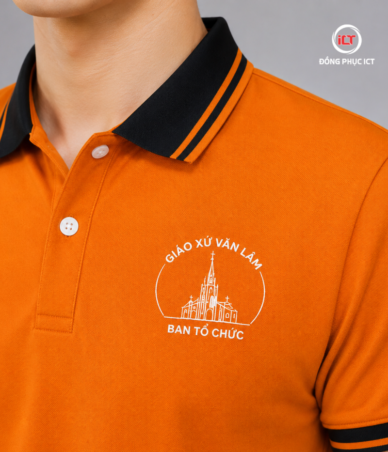MẪU ÁO POLO ĐỒNG PHỤC GIÁO XỨ – MÀU CAM ĐẬM, IN LOGO LỤA THEO YÊU CẦU