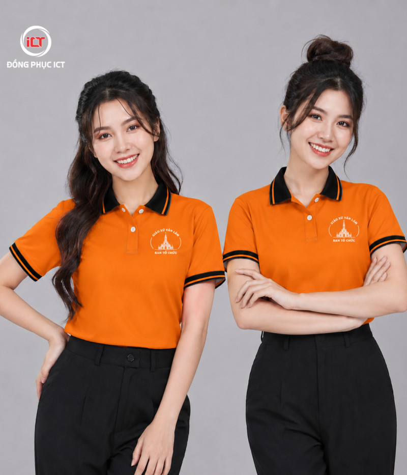 MẪU ÁO POLO ĐỒNG PHỤC GIÁO XỨ – MÀU CAM ĐẬM, IN LOGO LỤA THEO YÊU CẦU