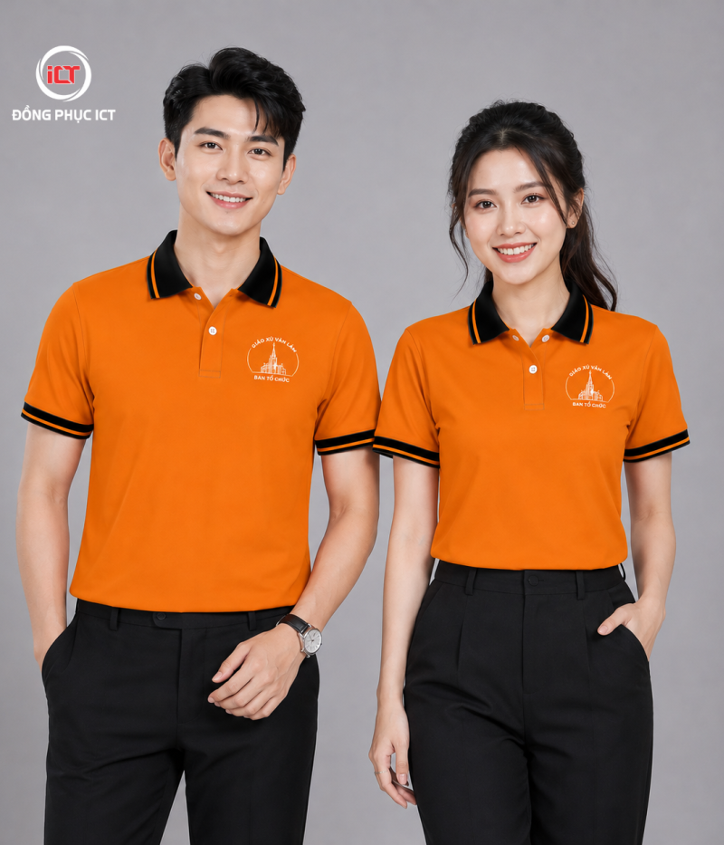 MẪU ÁO POLO ĐỒNG PHỤC GIÁO XỨ – MÀU CAM ĐẬM, IN LOGO LỤA THEO YÊU CẦU