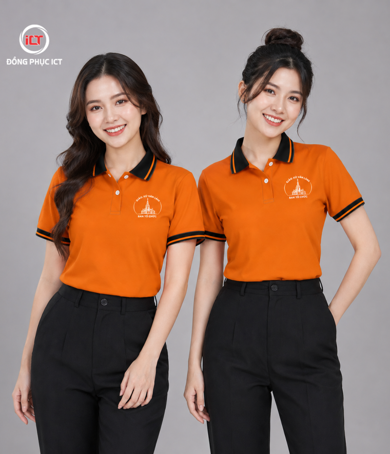 MẪU ÁO POLO ĐỒNG PHỤC GIÁO XỨ – MÀU CAM ĐẬM, IN LOGO LỤA THEO YÊU CẦU