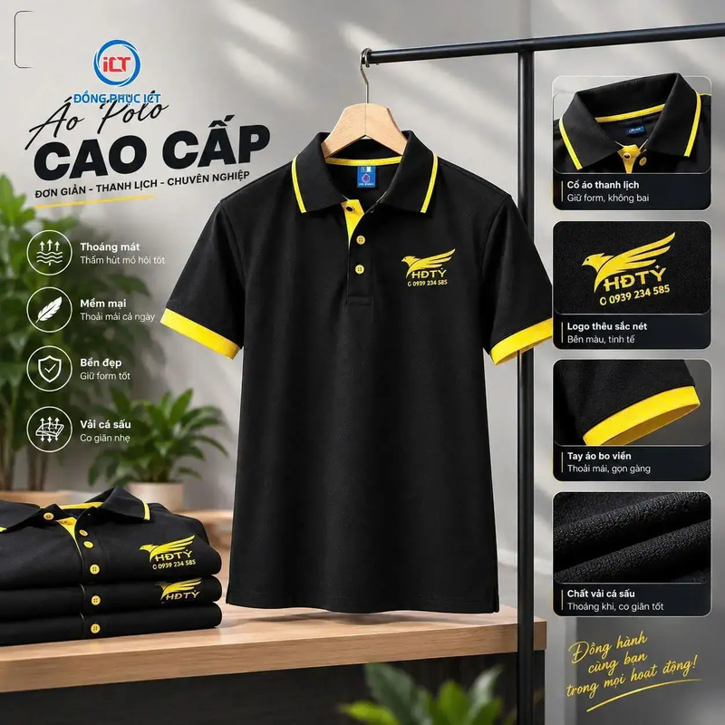 Mẫu Áo Polo Đồng Phục Honda Tỷ Đen Phối Vàng Nổi Bật, Chuyên Nghiệp
