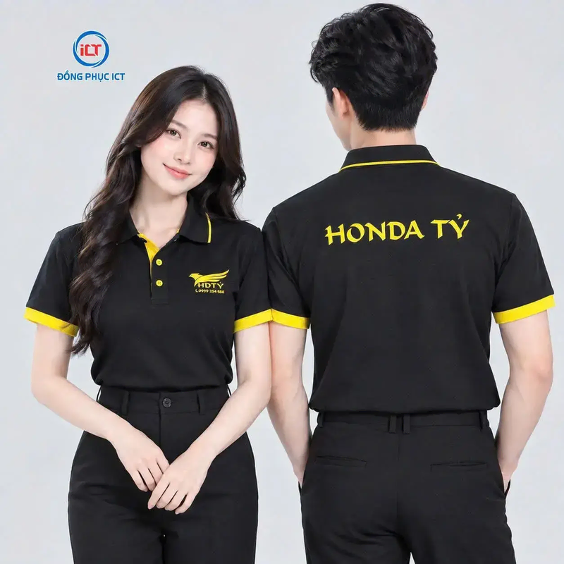 Mẫu Áo Polo Đồng Phục Honda Tỷ Đen Phối Vàng Nổi Bật, Chuyên Nghiệp