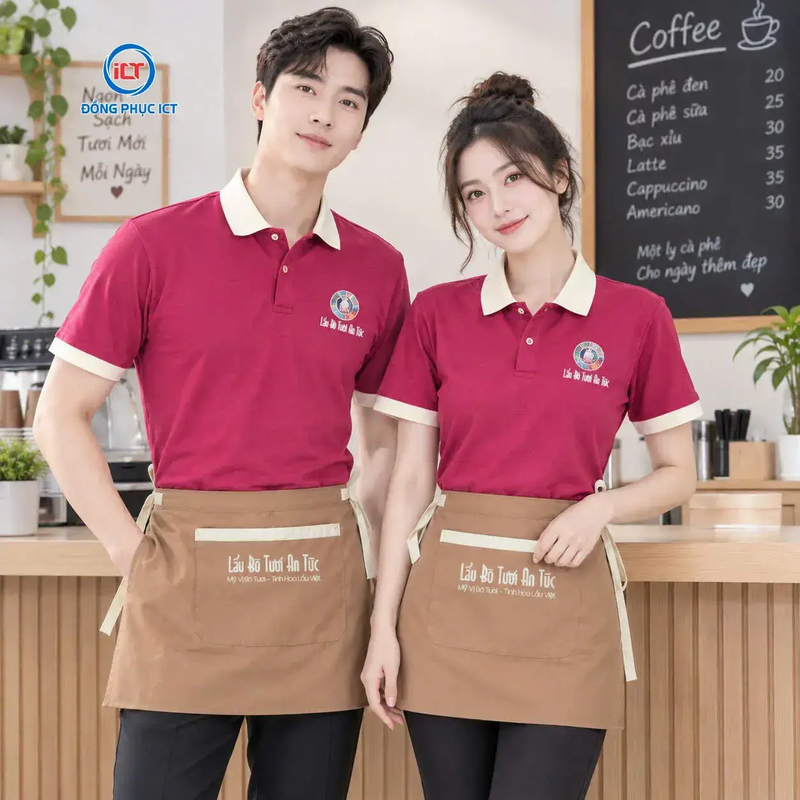 Mẫu Áo Polo Đồng Phục Lẩu Bò Tươi An Túc Đỏ Đô Phối Hột Gà Sang Trọng