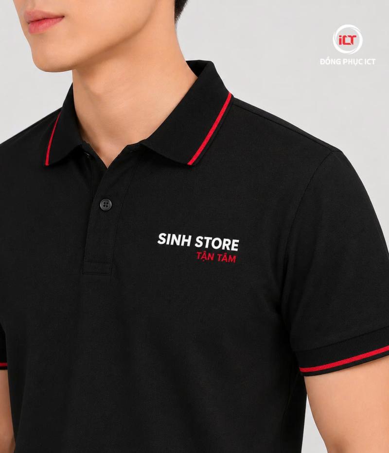 MẪU ÁO POLO ĐỒNG PHỤC MÀU ĐEN VIỀN ĐỎ – THIẾT KẾ CHUYÊN NGHIỆP CHO CỬA HÀNG, SHOWROOM