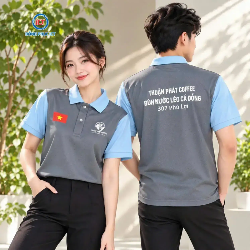 Mẫu Áo Polo Đồng Phục Quán Cà Phê Xám Đậm Phối Xanh Biển Đẹp, Chuyên Nghiệp