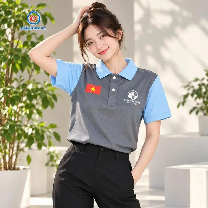 Mẫu Áo Polo Đồng Phục Quán Cà Phê Xám Đậm Phối Xanh Biển Đẹp, Chuyên Nghiệp