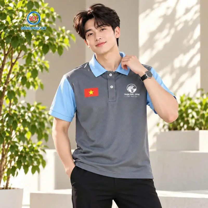 Mẫu Áo Polo Đồng Phục Quán Cà Phê Xám Đậm Phối Xanh Biển Đẹp, Chuyên Nghiệp