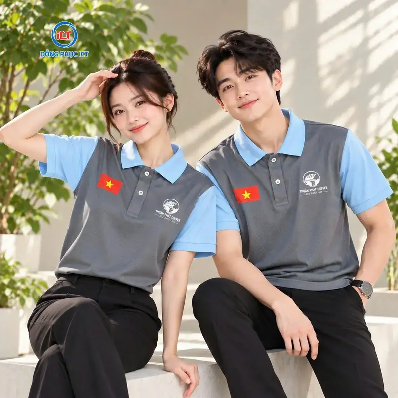 Mẫu Áo Polo Đồng Phục Quán Cà Phê Xám Đậm Phối Xanh Biển Đẹp, Chuyên Nghiệp