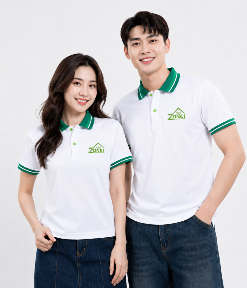 MẪU ÁO POLO ĐỒNG PHỤC TRẮNG PHỐI XANH – GIẢI PHÁP ĐỒNG PHỤC CHUYÊN NGHIỆP CHO DOANH NGHIỆP
