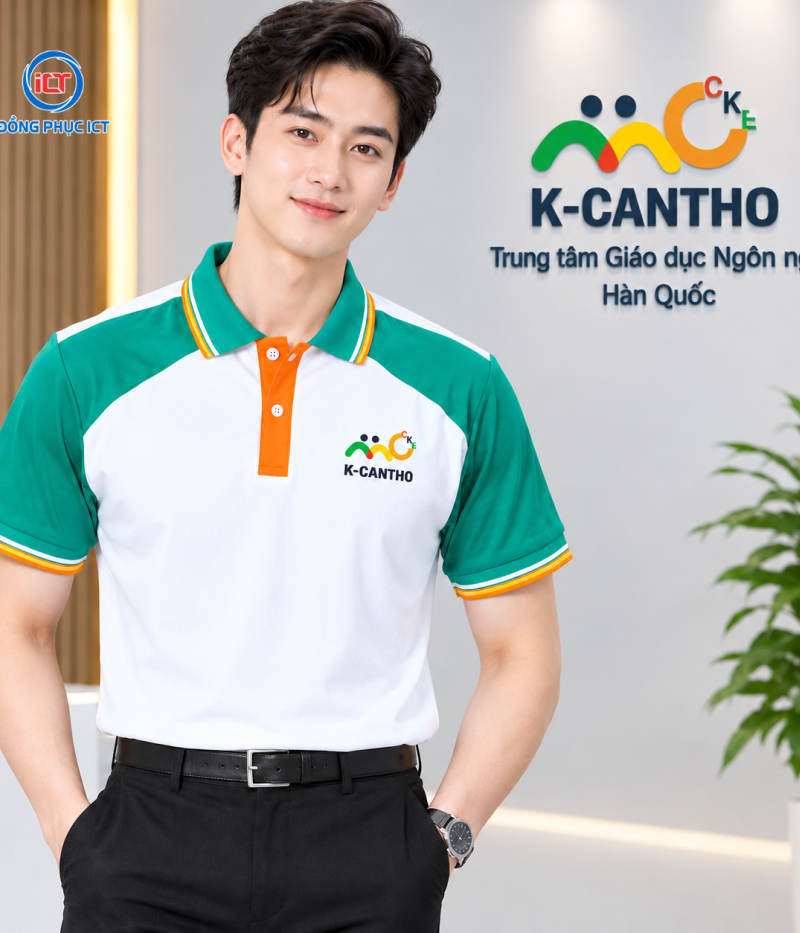 MẪU ÁO POLO ĐỒNG PHỤC TRUNG TÂM NGOẠI NGỮ MÀU TRẮNG GẠO PHỐI XANH NGỌC ĐẸP, CHUYÊN NGHIỆP – MAY THEO YÊU CẦU