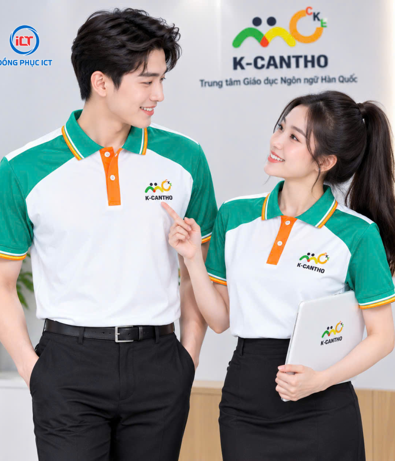 MẪU ÁO POLO ĐỒNG PHỤC TRUNG TÂM NGOẠI NGỮ MÀU TRẮNG GẠO PHỐI XANH NGỌC ĐẸP, CHUYÊN NGHIỆP – MAY THEO YÊU CẦU