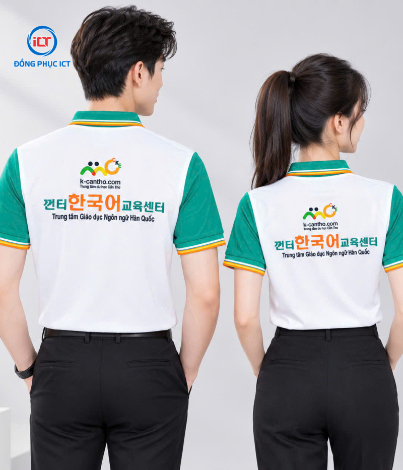 MẪU ÁO POLO ĐỒNG PHỤC TRUNG TÂM NGOẠI NGỮ MÀU TRẮNG GẠO PHỐI XANH NGỌC ĐẸP, CHUYÊN NGHIỆP – MAY THEO YÊU CẦU
