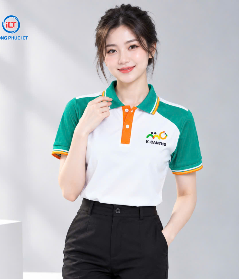 MẪU ÁO POLO ĐỒNG PHỤC TRUNG TÂM NGOẠI NGỮ MÀU TRẮNG GẠO PHỐI XANH NGỌC ĐẸP, CHUYÊN NGHIỆP – MAY THEO YÊU CẦU