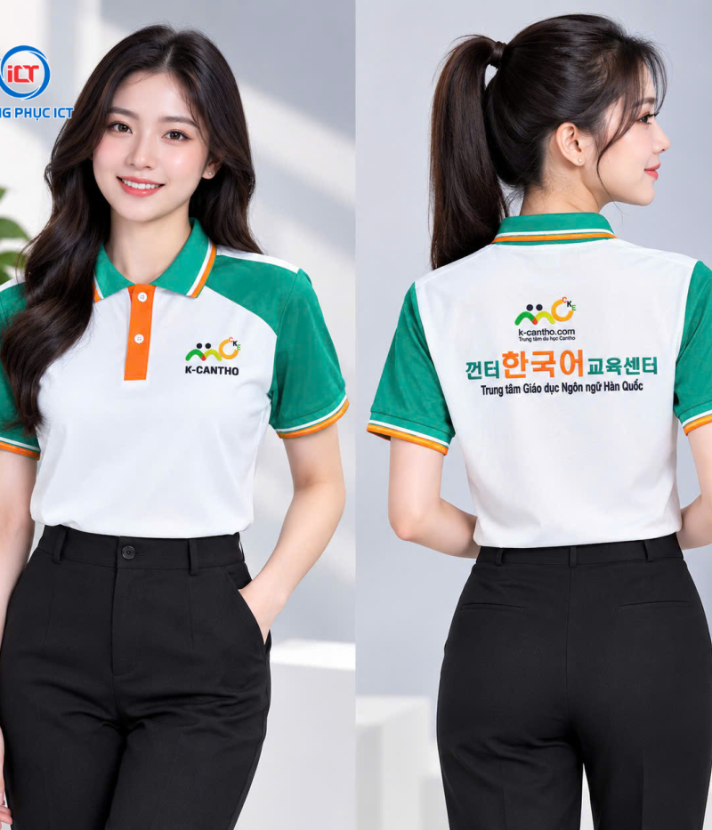 MẪU ÁO POLO ĐỒNG PHỤC TRUNG TÂM NGOẠI NGỮ MÀU TRẮNG GẠO PHỐI XANH NGỌC ĐẸP, CHUYÊN NGHIỆP – MAY THEO YÊU CẦU