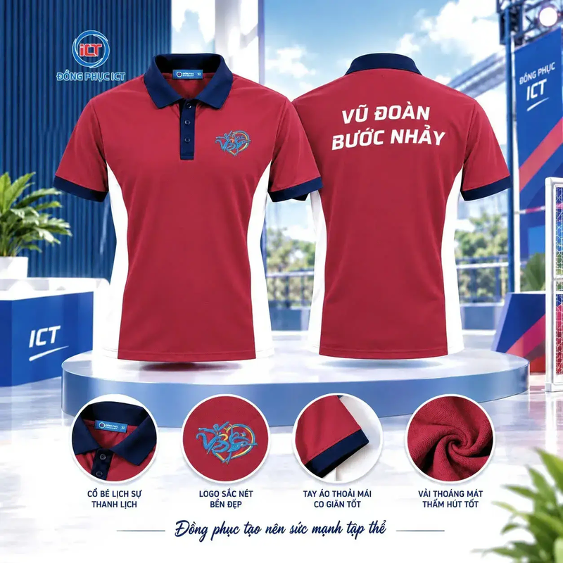 Mẫu Áo Polo Đồng Phục Vũ Đoàn Đỏ Đô Phối Trắng Đẹp, Năng Động