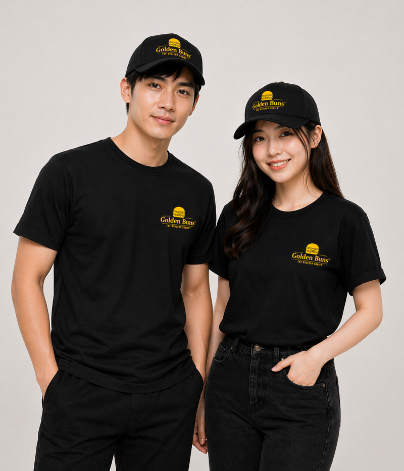 Set Đồng Phục Quán Ăn Cần Thơ – Áo thun & nón Golden Buns chuẩn gu F&B