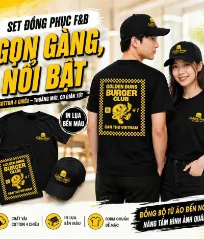 Set Đồng Phục Quán Ăn Cần Thơ – Áo thun & nón Golden Buns chuẩn gu F&B