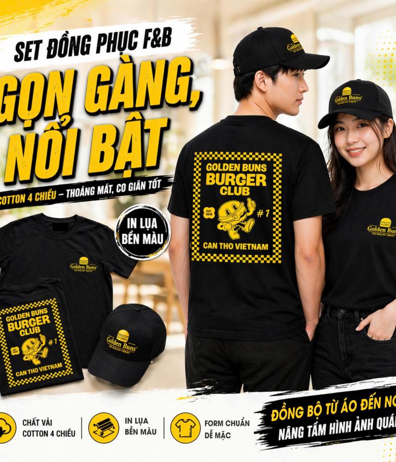 Set Đồng Phục Quán Ăn Cần Thơ – Áo thun & nón Golden Buns chuẩn gu F&B
