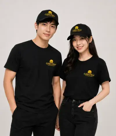 Set Đồng Phục Quán Ăn Cần Thơ – Áo thun & nón Golden Buns chuẩn gu F&B